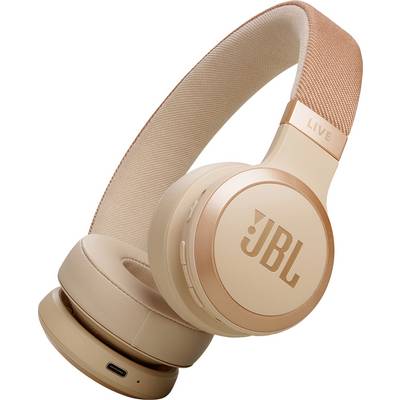 Béžové bezdrátové sluchátka over-ear s logem 'JBL' na mušli, vybavené polstrovanou čelenkou a nabíjecím portem USB-C.