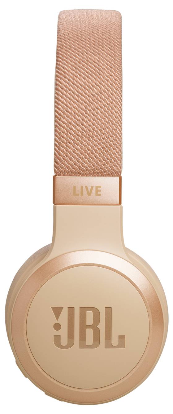 Oranžové sluchátka JBL zobrazující levou náušní s nápisem 'LIVE' na hlavovém mostu.