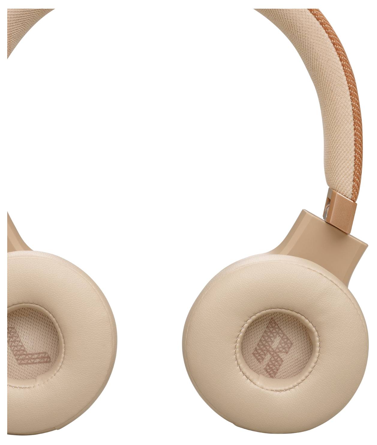 Náhlavní sluchátka s béžovými polstrovanými náušníky označenými písmeny „L" a „R" a odpovídajícím hlavovým mostem.