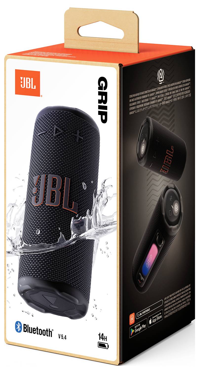 Balení přenosného Bluetooth reproduktoru JBL s vodotěsnou funkcí, zobrazující jeho 14hodinovou výdrž baterie a detaily kompatibility.