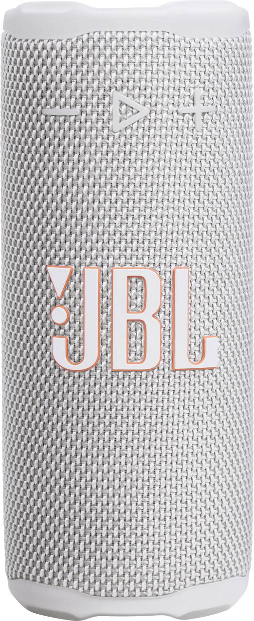 Přenosný Bluetooth reproduktor s šedým síťovaným povrchem, který má ovládací tlačítka umístěná nahoře a vertikální logo 'JBL' v oranžové barvě na přední straně.
