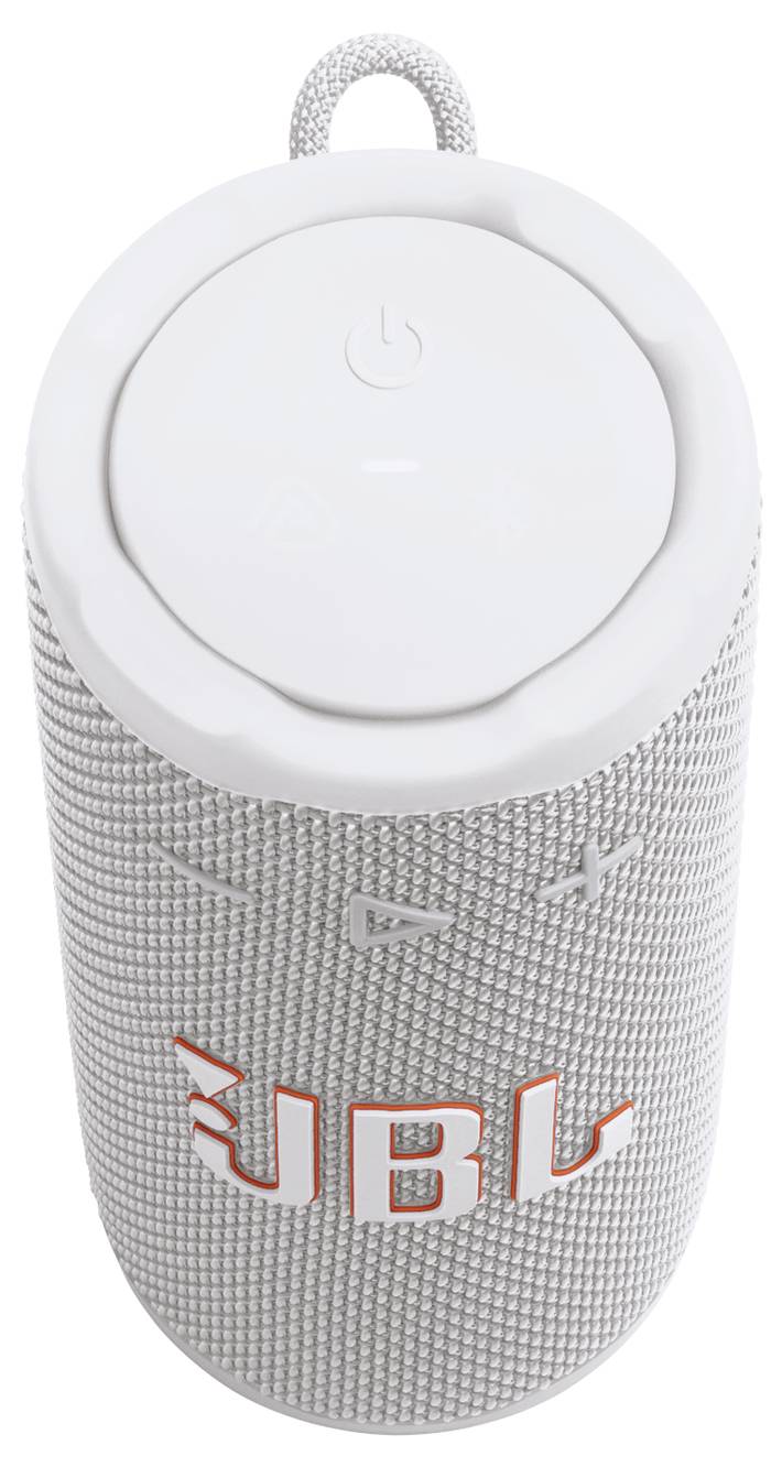 Bílý válcovitý přenosný reproduktor s ovládacími tlačítky na horní straně a logem 'JBL' na boku.
