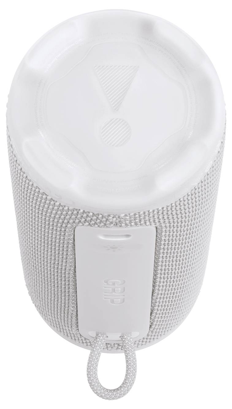 Válcový bílý Bluetooth reproduktor s textilním povrchem, vybavený gumovým ovládacím panelem, úchytem na popruh a symbolem vykřičníku nahoře.
