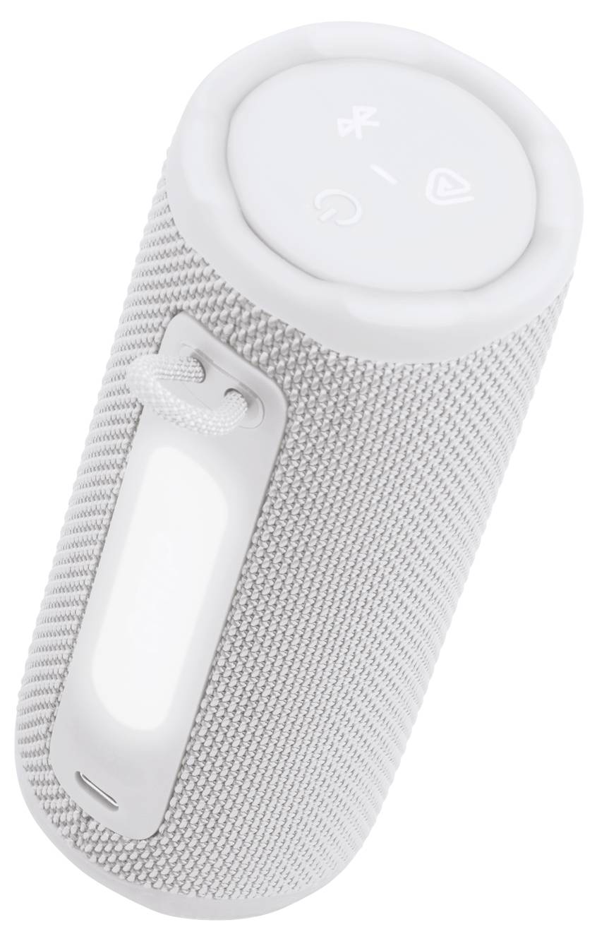 Válcový bluetooth reproduktor v světle šedém textilním potahu s ovládacími ikonami na horní straně pro napájení, bluetooth a přehrávání, a s poutkem pro nošení.