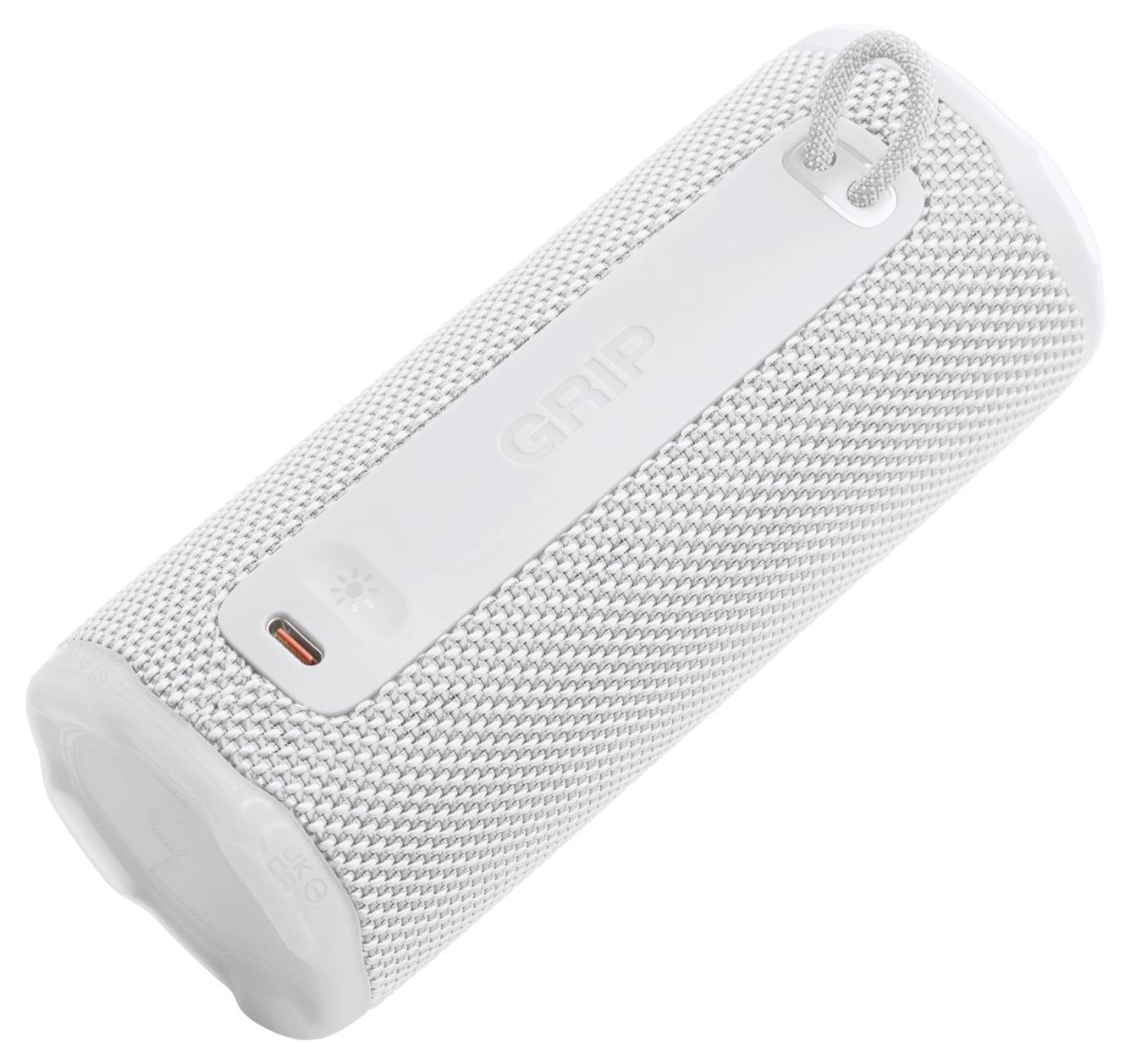 Přenosný bílý bluetooth reproduktor s mřížkovaným povrchem, zvýrazněný šedým popruhem.