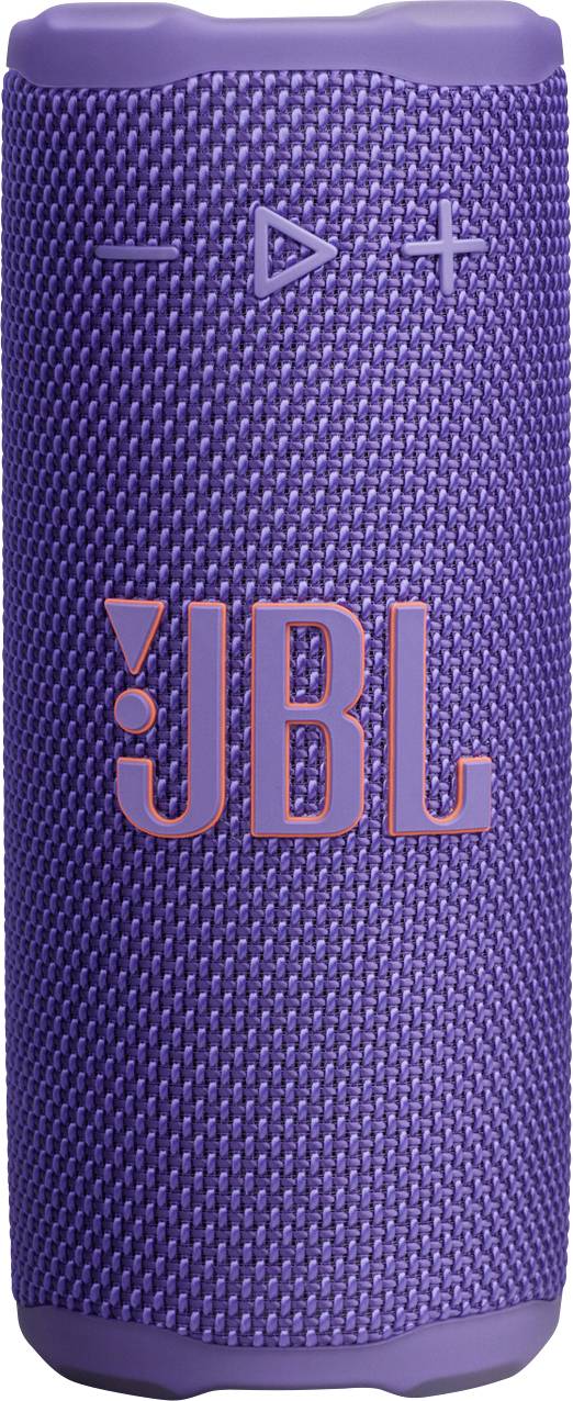 Fialový přenosný Bluetooth reproduktor s oranžovým logem 'JBL' na látkové vnější straně, vybavený tlačítky pro přehrávání, snížení a zvýšení hlasitosti na horní straně.