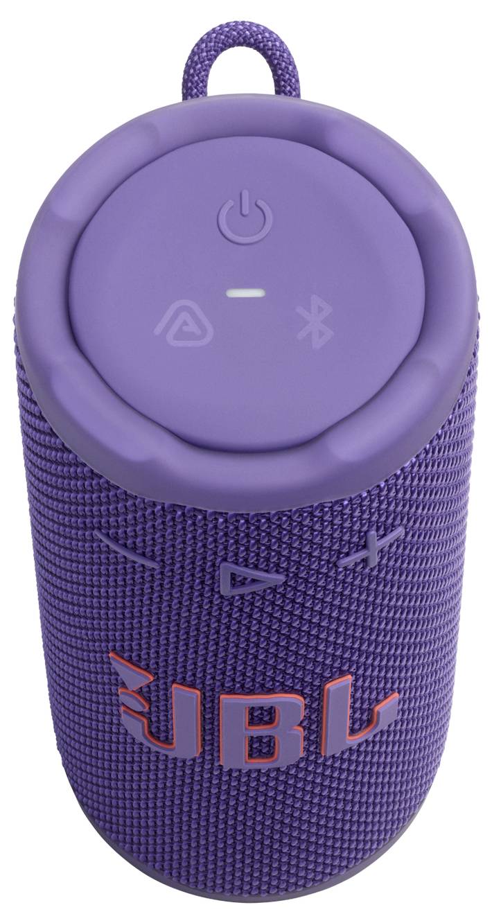 Fialový přenosný Bluetooth reproduktor s ovládacími tlačítky na horní straně a závěsnou smyčkou. Logo značky viditelné na boku.