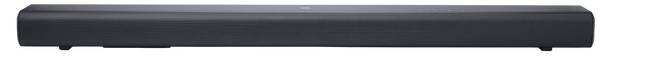 Černý soundbar se štíhlým designem, pohled zepředu, vhodný pro domácí audiosystémy.