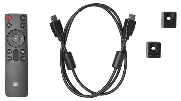 Dálkový ovladač a HDMI kabel se závěsnými konzolami na stěnu, pravděpodobně součást sady domácího kina nebo příslušenství pro zvukový systém.