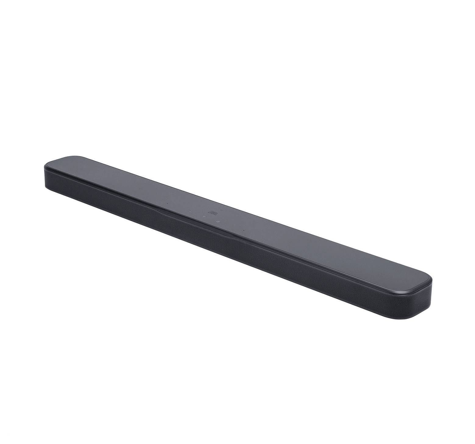 Štíhlý černý soundbar bez viditelných tlačítek nebo log, navržený pro použití s televizory a audiosystémy, umístěný na bílém pozadí.
