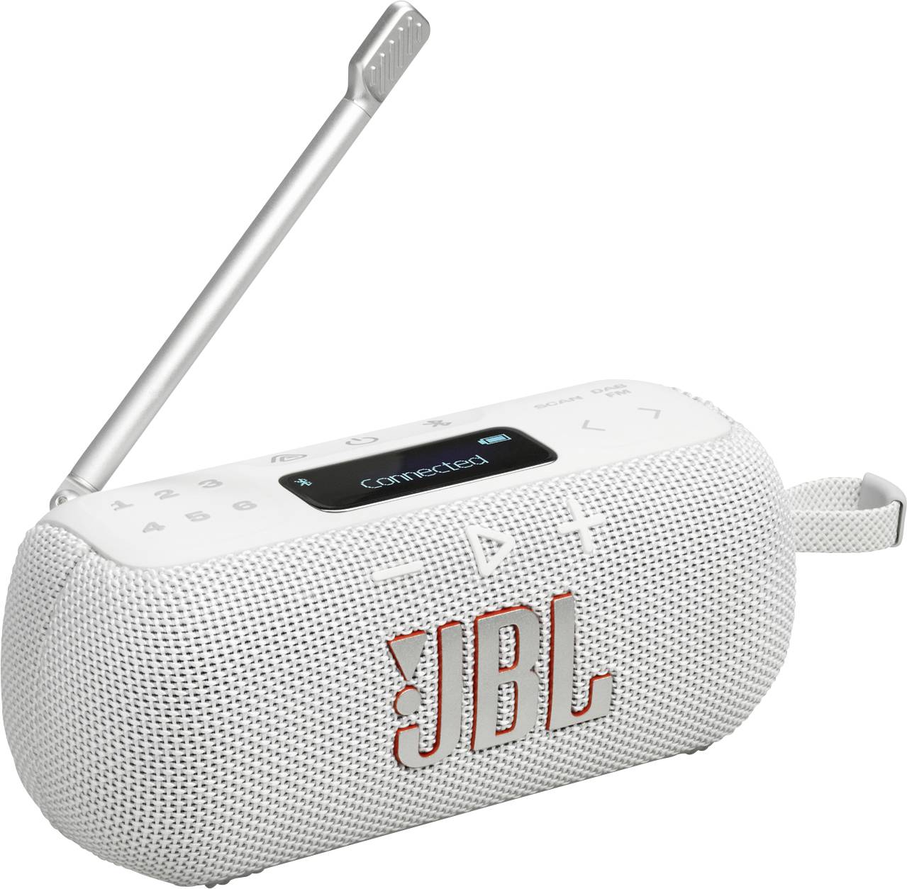 Bílý přenosný reproduktor JBL s ovládacími tlačítky, digitálním displejem zobrazujícím 'připojeno' a rukojetí, což naznačuje přenosnost a konektivitu.