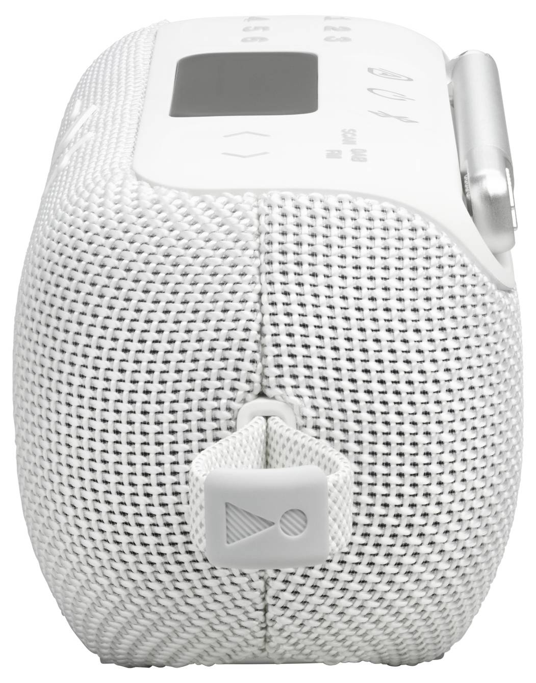 Bílý válcový Bluetooth reproduktor s mřížkovým krytem, ovládacími tlačítky na horní straně a malou smyčkou po straně pro přenášení.