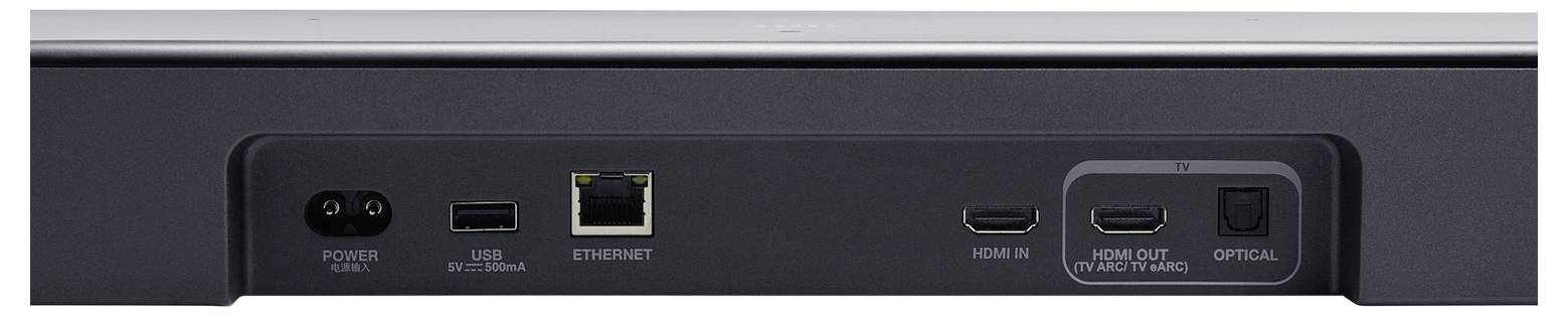 Zadní panel zařízení zobrazující porty: napájení, USB, Ethernet, dva HDMI a optický audio port.