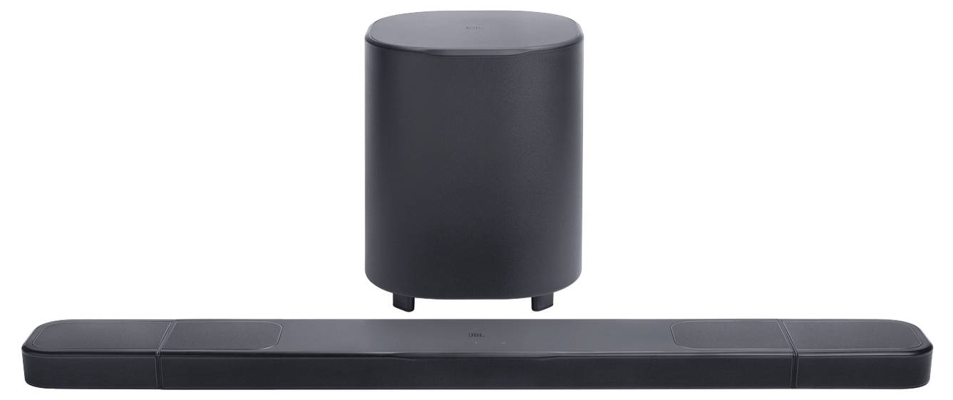 Černý soundbar a sada subwooferu navržená pro domácí audiosystémy, umístěná proti jednoduché/neutrální pozadí.