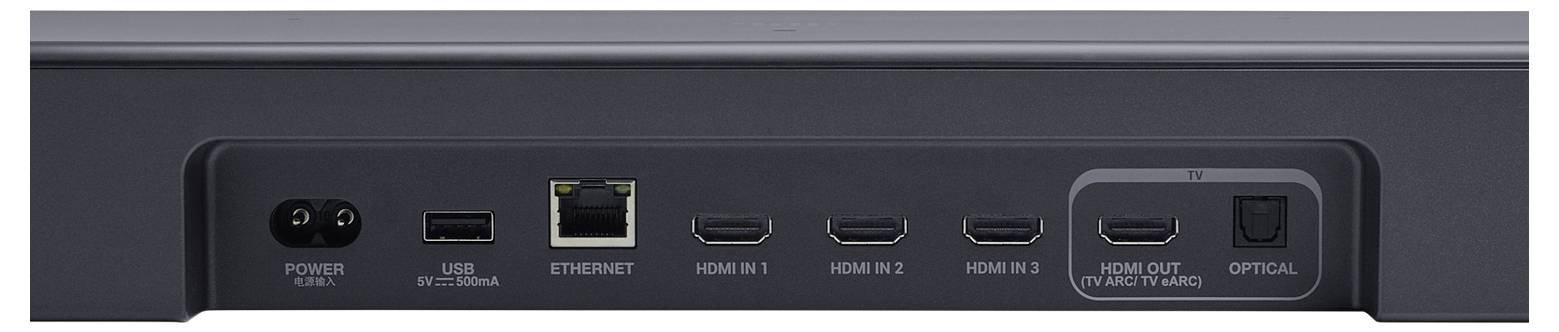 Obrázek ukazuje zadní panel elektronického zařízení s různými porty včetně napájení, USB, Ethernetu, třech vstupů HDMI, HDMI výstupu a optického portu.