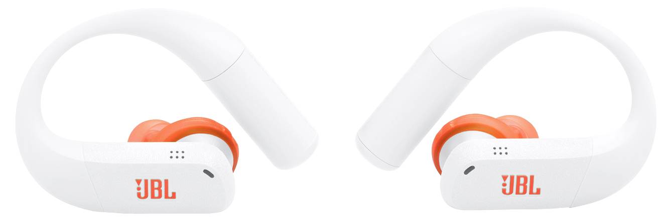 Bílé bezdrátové sluchátka JBL s oranžovými akcenty, vybavené háčky přes uši pro zajištění stabilního uchycení.