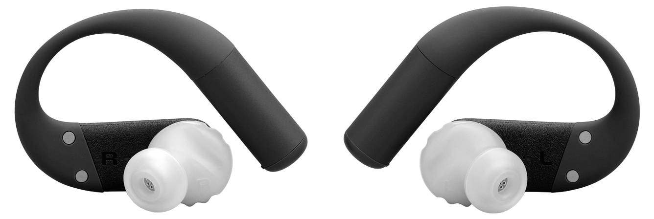 Černé bezdrátové sluchátka s háčky označenými "R" a "L" pro pravou a levou stranu, s bílými nástavci do uší.