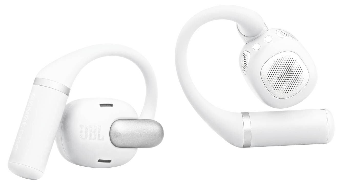 Bílé bezdrátové sluchátka do uší s flexibilními háčky obtočenými kolem ucha pro bezpečné upevnění během aktivit.