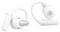 Bílé bezdrátové sluchátka do uší s flexibilními háčky obtočenými kolem ucha pro bezpečné upevnění během aktivit.