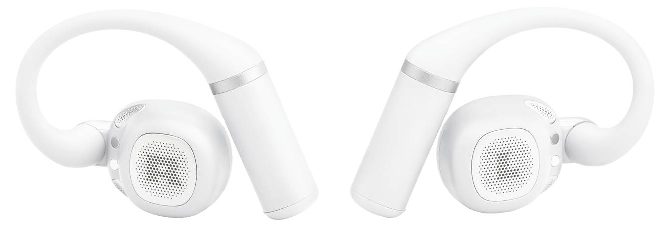 Pár moderních, bílých náhlavních sluchátek s elegantním designem, umístěných vedle sebe, zobrazujících měkoučké náušníky a hlavový most.