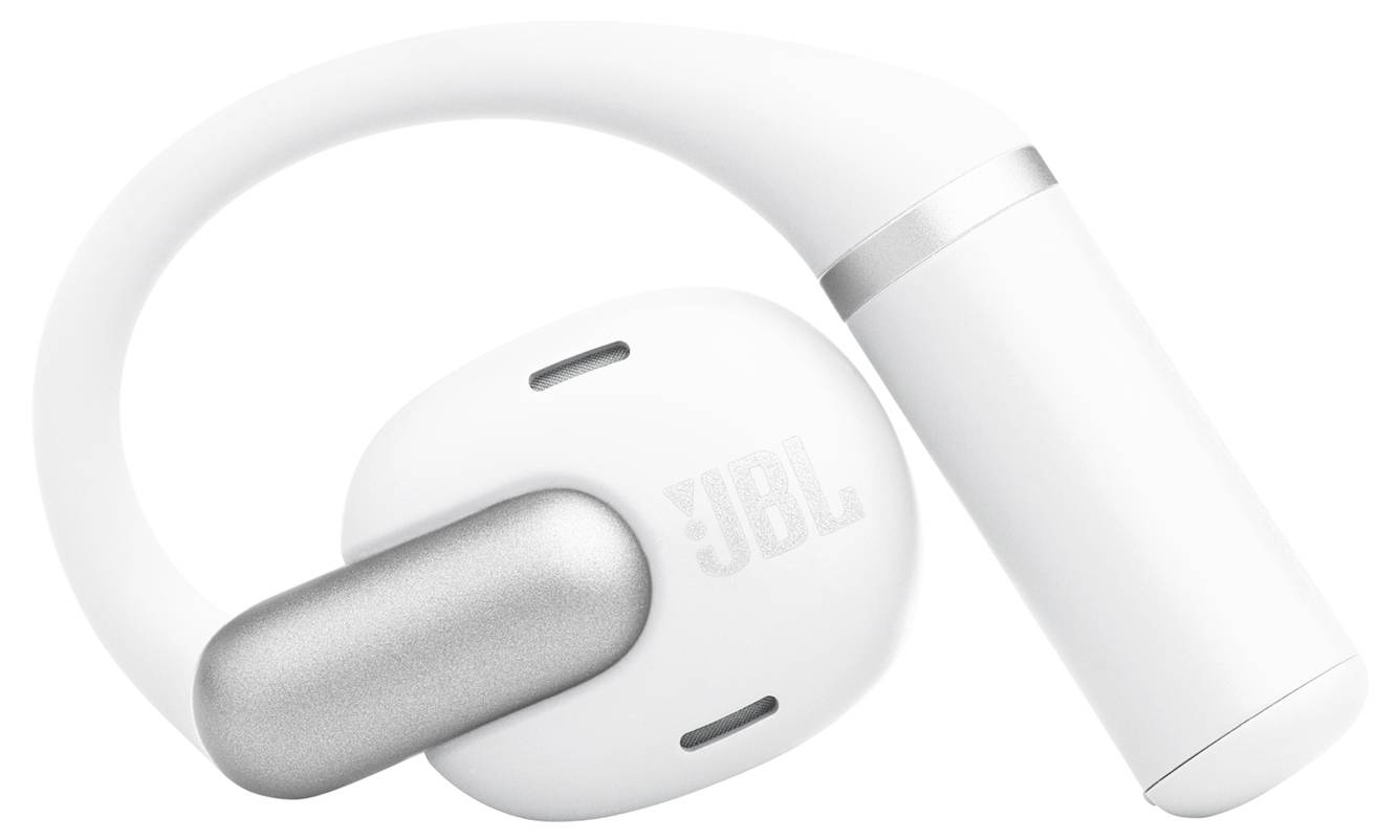 Bílý bezdrátový JBL sluchátko se stříbrným detailem, který nabízí jedinečný designový háček pro stabilní upevnění.