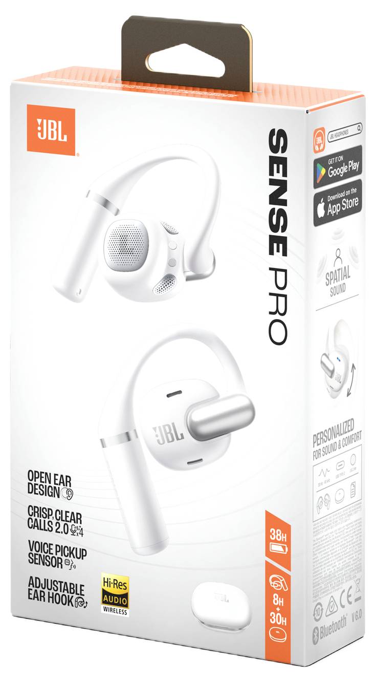 'JBL Sense Pro' bezdrátová sluchátka; vlastnosti: otevřený design uší, křišťálově čisté hovory 2.0, zachytávání hlasu, nastavitelný háček na ucho, výdrž baterie 36 hodin.