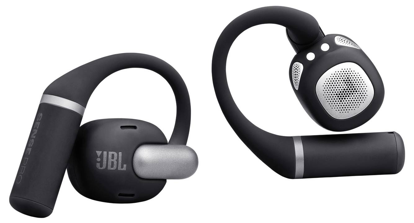 Černé bezdrátové sluchátka s hákovým designem pro bezpečné upevnění, které jsou vybaveny reproduktorovou mřížkou a logem značky na straně.