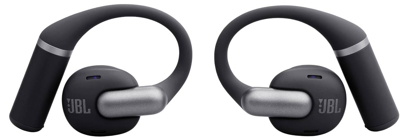 Černé bezdrátové sluchátka JBL s háčky přes uši, navržené pro stabilní nasazení a vylepšenou kvalitu zvuku, vhodné pro aktivní použití.