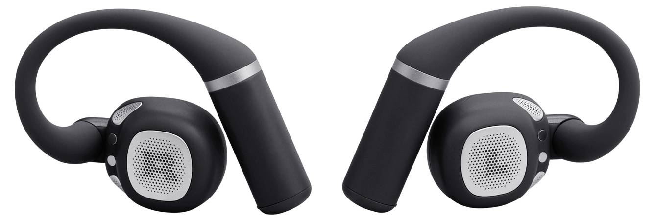 Černá bezdrátová sluchátka over-ear s flexibilními oblouky přes uši a stříbrnými detaily, navržená pro sport a aktivní životní styl.