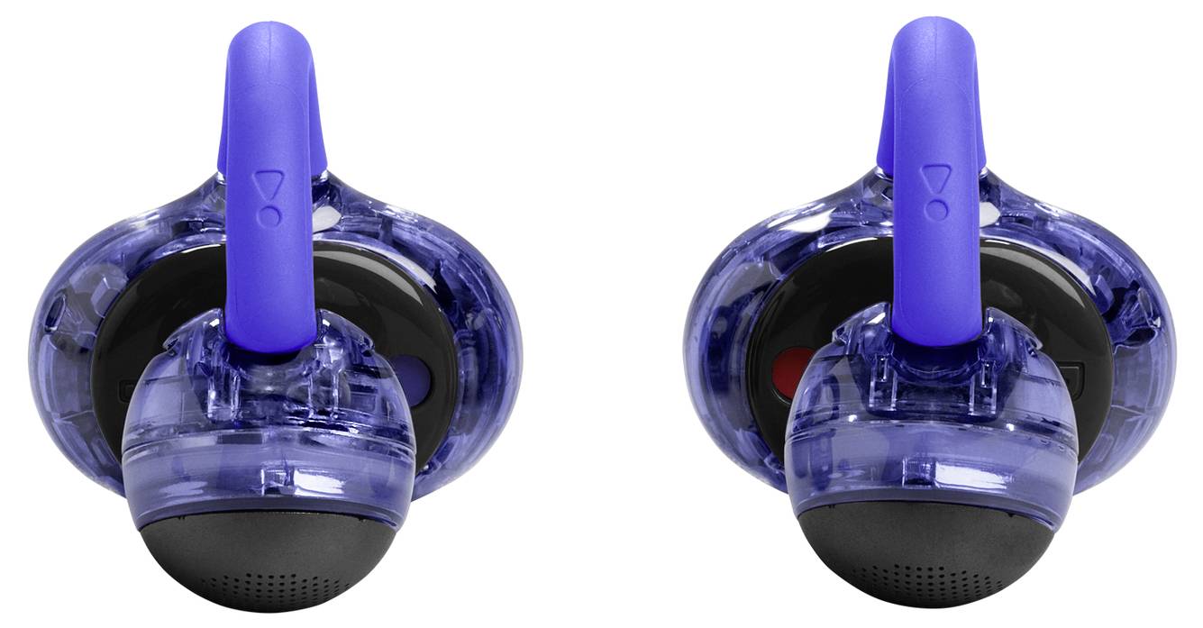 Dvě průhledné modré bezdrátové sluchátka s zakřivenými háčky, navržené pro bezpečné usazení a čistý zvuk.