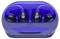 Modré bezdrátové sluchátka v odpovídajícím nabíjecím pouzdře, umístěné tak, že sluchátka směřují ven, a vykazují elegantní a moderní design.