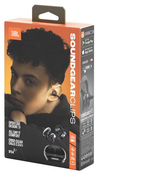 Balení "Soundgear Clip S" zobrazuje mladou osobu, která má nasazená bezdrátová sluchátka s otevřeným uchem. Uvedené funkce zahrnují "32hodinová baterie", "IP54" a "Bluetooth".