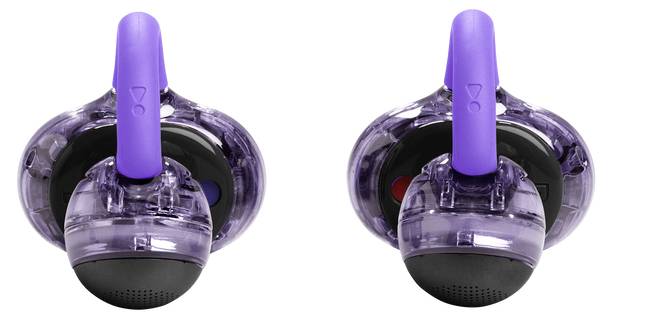 'Dvě fialovo-černé sluchátka se průhlednými kryty zobrazující indikátory levého a pravého kanálu na bílém pozadí.'