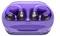 Fialová bezdrátová sluchátka v pouzdru na nabíjení s průhledným víkem; pouzdro má na přední straně logo.
