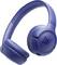 Modré bezdrátové sluchátka JBL s over-ear designem, vybavené polstrovanými náušníky a ovládacími tlačítky na pravém poslechovém reproduktoru.