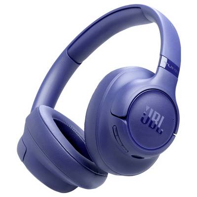 Modré bezdrátové sluchátka JBL s náušníky s polstrováním a nastavitelným hlavovým mostem.
