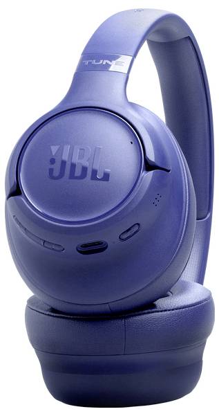 Modré bezdrátové sluchátka JBL přes uši s polstrovanou čelenkou a náušníky, které mají ovládací tlačítka na pravém poslechu.