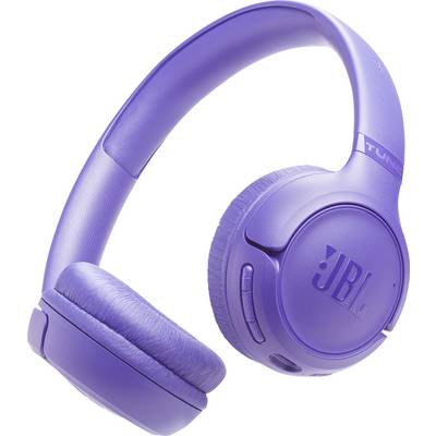Fialové bezdrátové sluchátka over-ear s polstrováním na náušnících a hlavovém mostu. Vytlačené logo „JBL" na vnější straně sluchátkové mušle.
