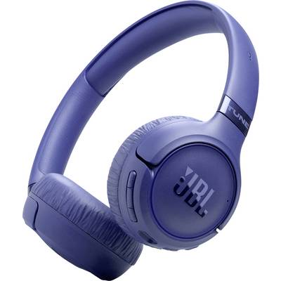 Modré náushluchy přes ucho s polstrovanými náušníky a značkou JBL.