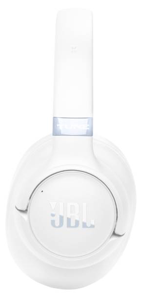 Bílá sluchátka JBL Tune na uši, pohled shora, s polstovanými mušlemi a elegantním designem.