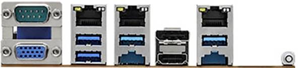 Zadní panel počítačové základní desky s různými porty: sériový, VGA, USB, Ethernet, HDMI a audio.