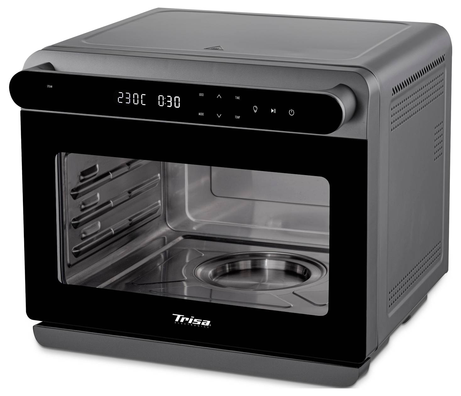 Černá kuchyňská vestavná trouba 'Trisa' s digitálním displejem zobrazujícím teplotu 230°C a 30minutový časovač, vybavená průhlednými předními dvířky.