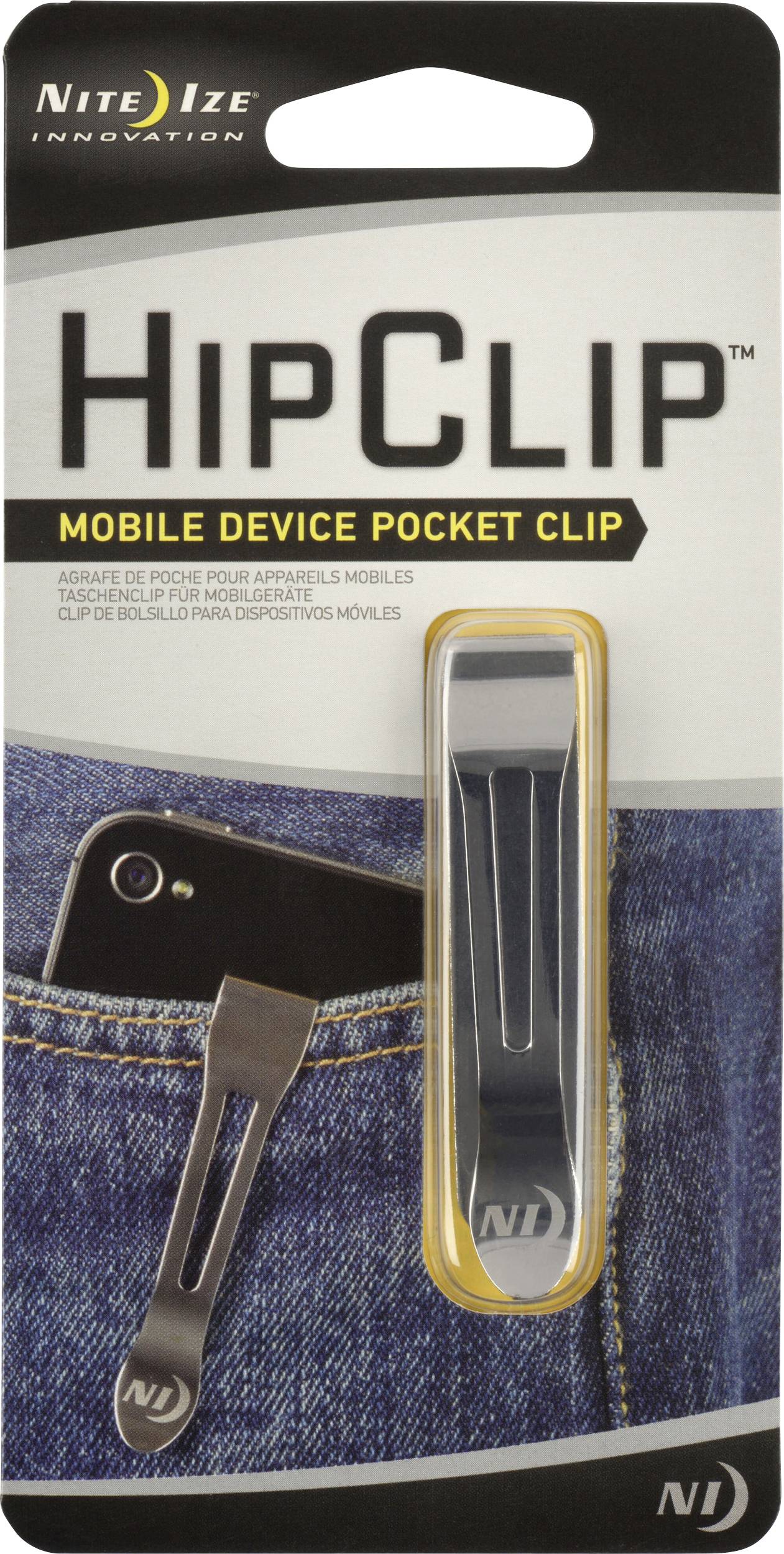 Balení zobrazující kapesní klip 'HipClip' připevněný k džínové kapse, navržený pro bezpečné nošení telefonu.
