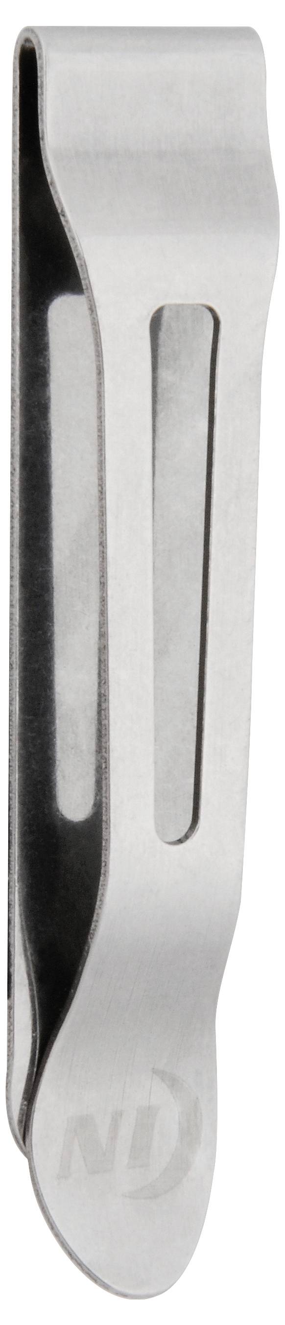 Kovový peněženka na peníze s elegantním, minimalistickým designem a logem vyrytým ve spodní části.