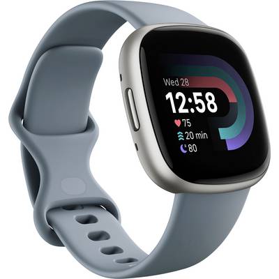 Chytré hodinky s šedým řemínkem zobrazující čas '12:58'. Ukazují tepovou frekvenci '75 tepů/min', dobu cvičení '20 min' a počet kroků '80'.
