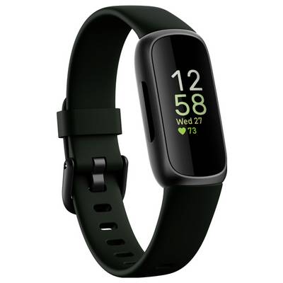 Černý fitness tracker s digitálním displejem zobrazuje čas '12:58', den 'Stř 27' a tepovou frekvenci '73'. Má zelený řemínek.