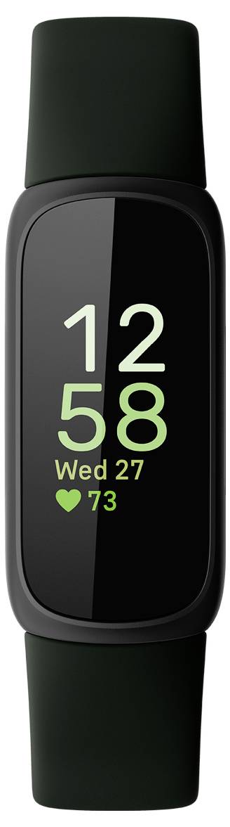 Černý fitness tracker zobrazující čas jako '12:58', datum 'Stř 27' a tepovou frekvenci '73 tepů/min' zeleným textem na tmavém displeji.