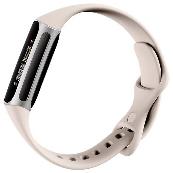 Elegantní béžový fitness tracker s černou obrazovkou zobrazující počet kroků, tepovou frekvenci a čas; připevněný na nastavitelném náramku.