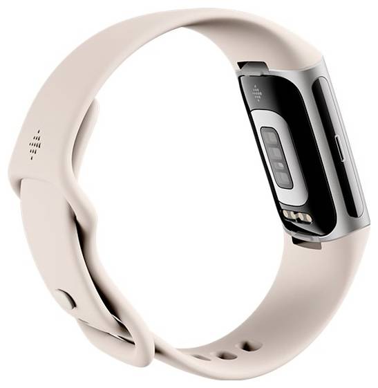 Fitness tracker s páskem je zobrazen z boku, přičemž jsou zvýrazněny jeho digitální displej a senzory. Pásek je v tlumené bílé barvě.