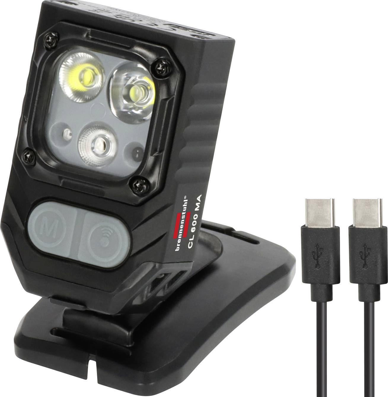 Černé nabíjecí LED pracovní světlo na svorku se stojanem, zobrazeno se dvěma nabíjecími kabely USB-C